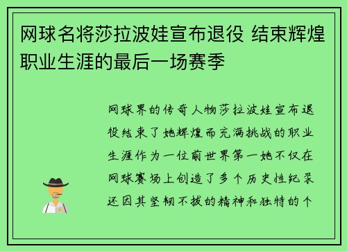 网球名将莎拉波娃宣布退役 结束辉煌职业生涯的最后一场赛季 网球名将莎拉波娃宣布退役 结束辉煌职业生涯的最后一场赛季