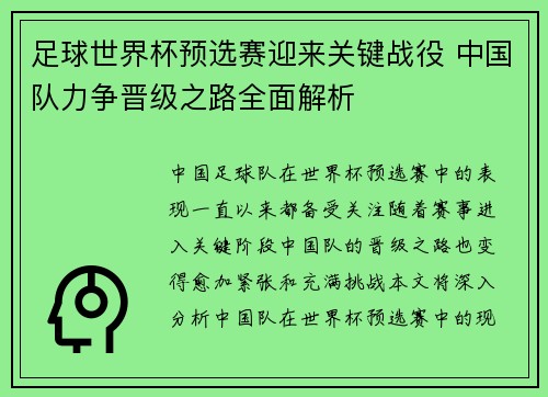 足球世界杯预选赛迎来关键战役 中国队力争晋级之路全面解析 足球世界杯预选赛迎来关键战役 中国队力争晋级之路全面解析