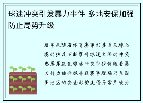 球迷冲突引发暴力事件 多地安保加强防止局势升级 球迷冲突引发暴力事件 多地安保加强防止局势升级