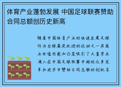 体育产业蓬勃发展 中国足球联赛赞助合同总额创历史新高 体育产业蓬勃发展 中国足球联赛赞助合同总额创历史新高